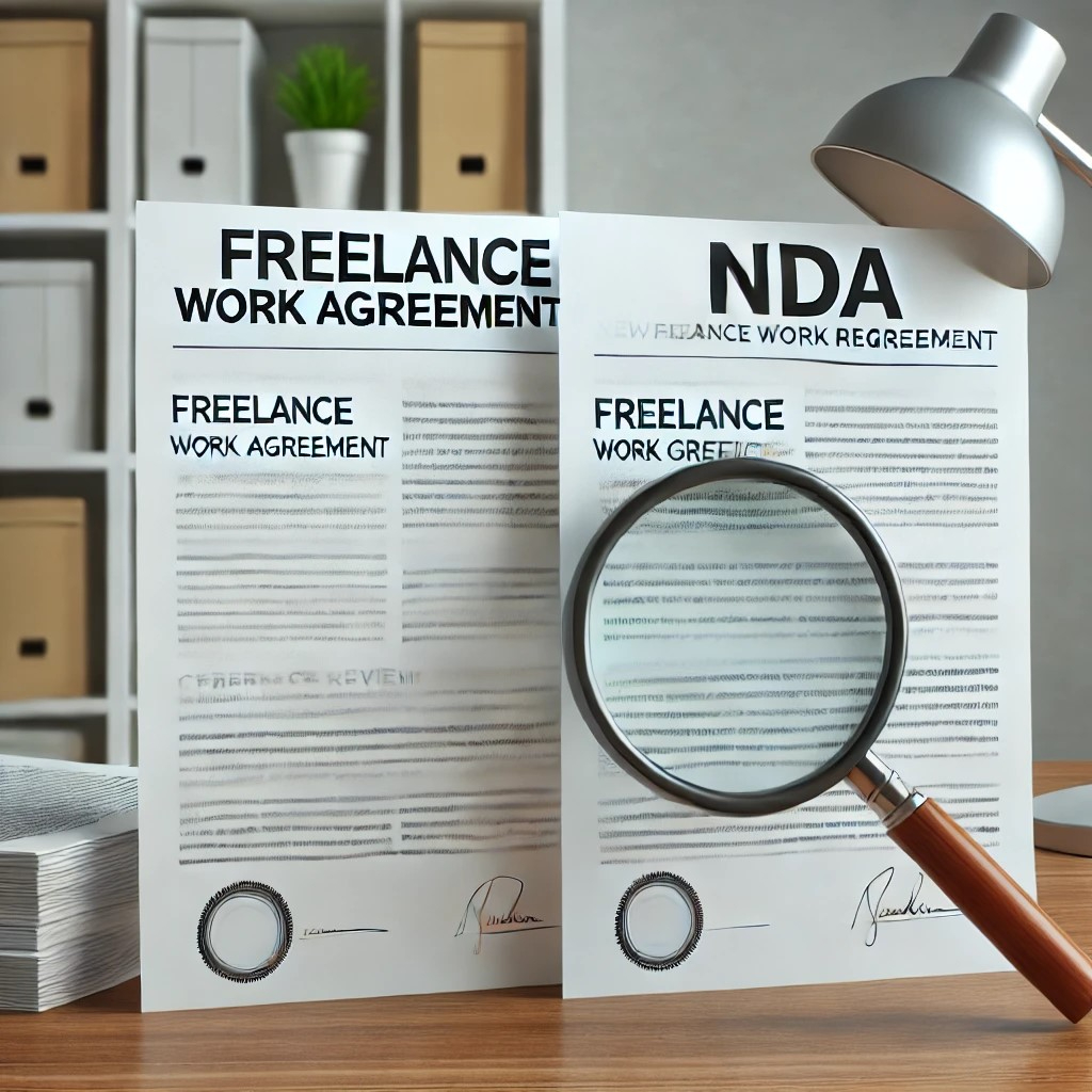 DALL·E 2024-10-21 12.54.38 - A visual of two documents side by side, labeled 'Freelance Work Agreement' and 'NDA,' with a magnifying glass above them, representing the careful rev.jpeg