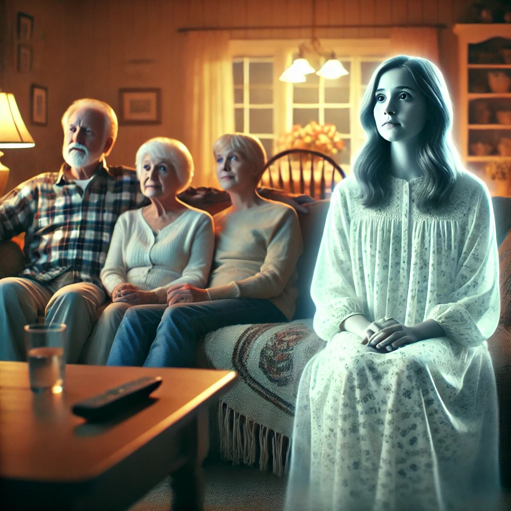 DALL·E 2025-07-17 20.41.03 - A bittersweet and emotional scene of a ghostly woman sitting quietly on a living room sofa with her family. She appears semi-transparent and softly gl.jpg