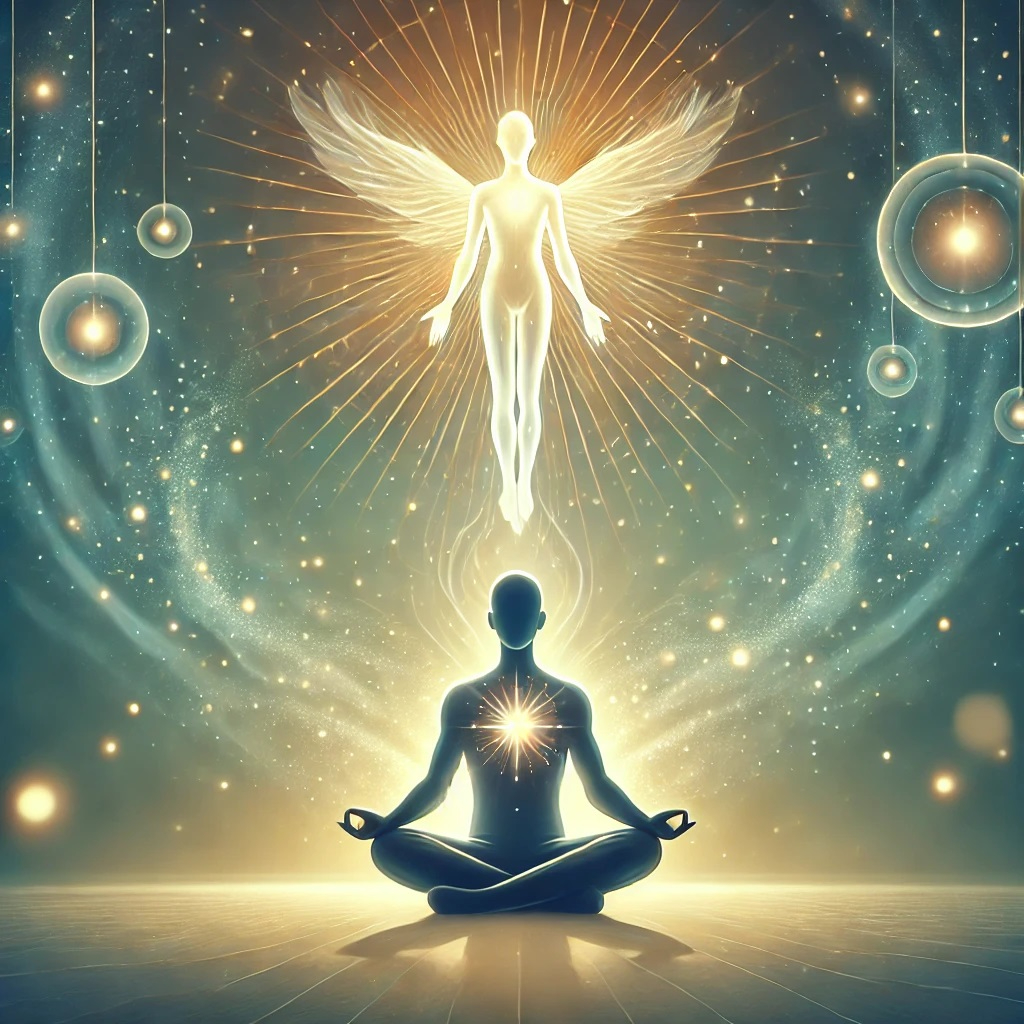 DALL·E 2025-03-10 00.22.53 - A mystical illustration of a person meditating in a peaceful, celestial space. The person is sitting cross-legged with closed eyes, surrounded by a so.jpg