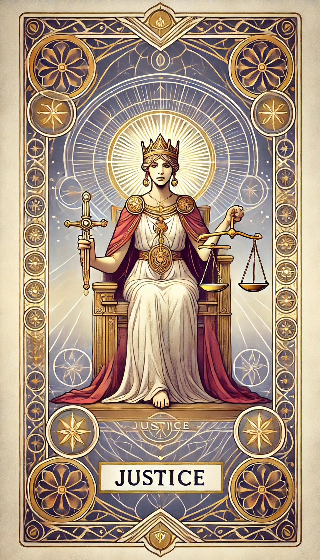 DALL·E 2024-12-04 09.07.44 - A beautifully designed tarot card featuring 'Justice' from the Major Arcana, focusing solely on the central figure and symbolic elements in a close-up.jpg