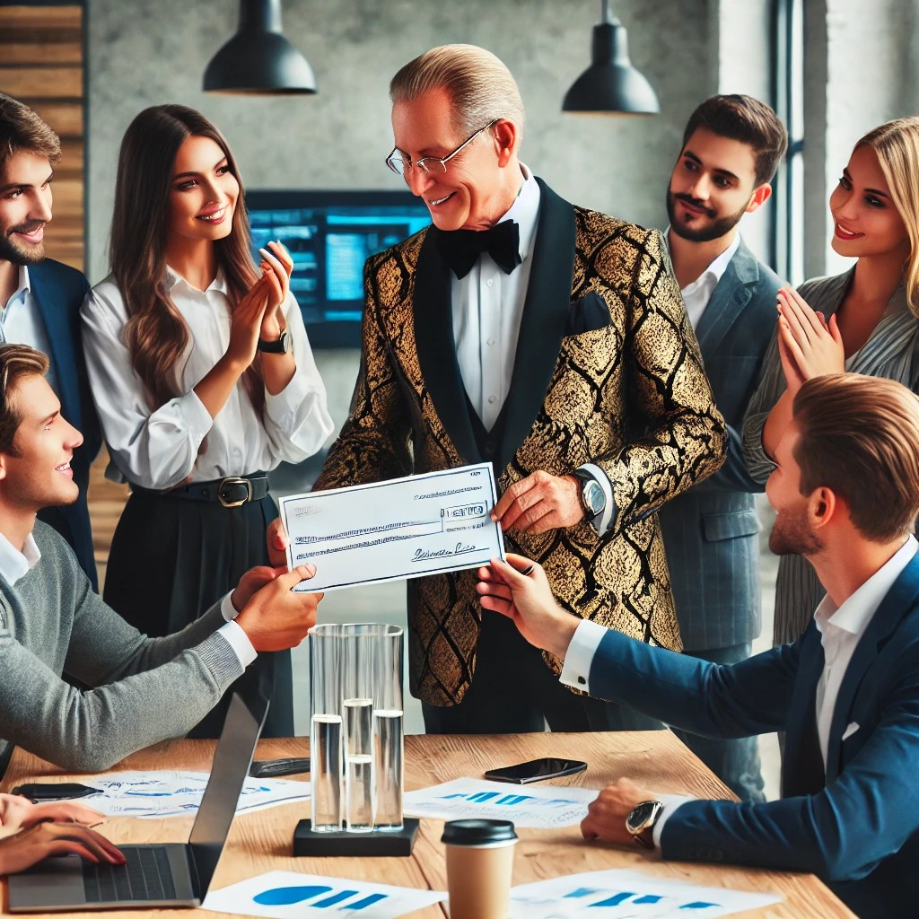 DALL·E 2025-07-12 11.23.22 - A wealthy philanthropist in a luxury suit donating to a group of young startup founders. The scene is set in a modern office or co-working space. The .jpg