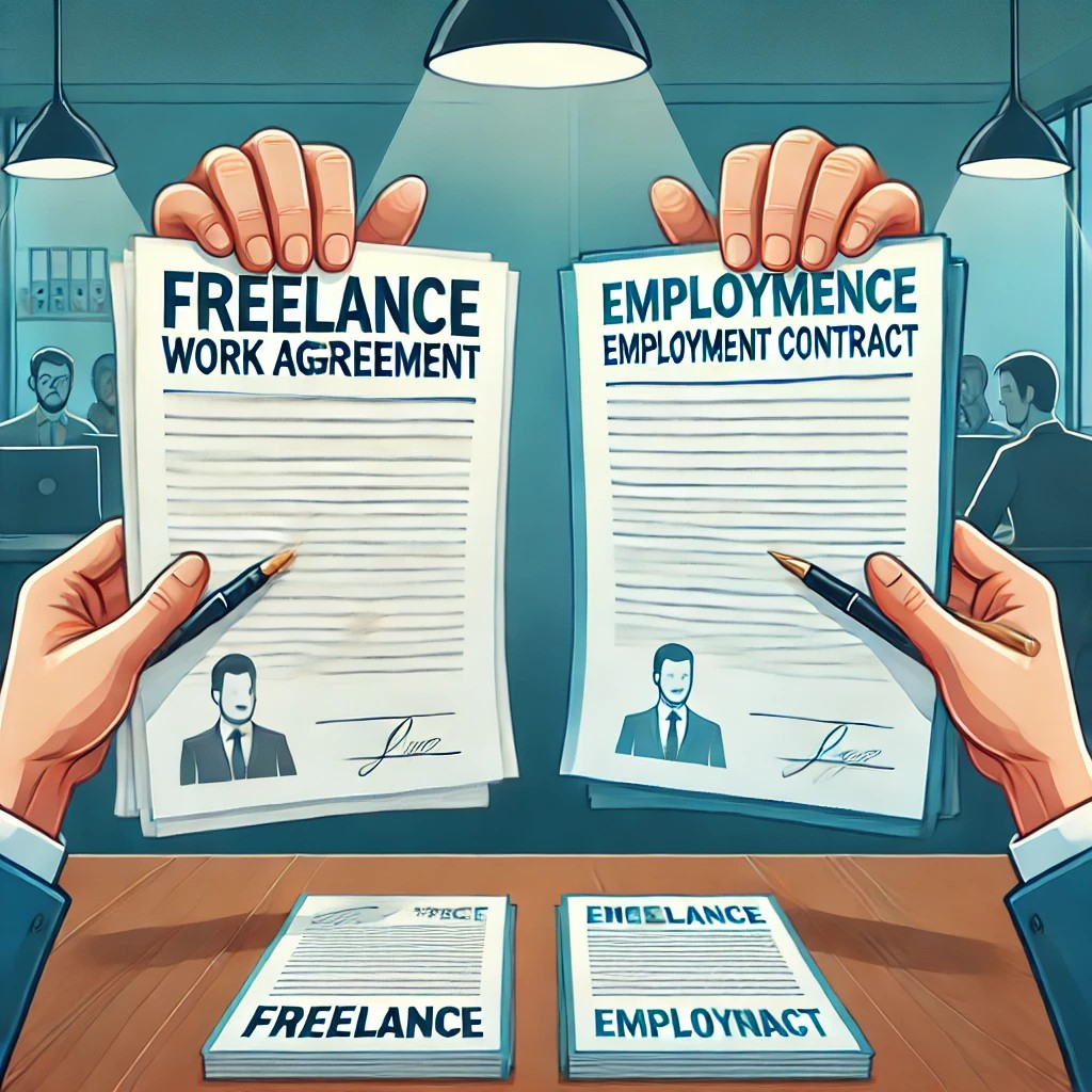 DALL·E 2024-10-21 17.55.58 - An illustration showing two separate hands holding documents labeled 'Freelance Work Agreement' and 'Employment Contract,' with a visual contrast to r.jpeg