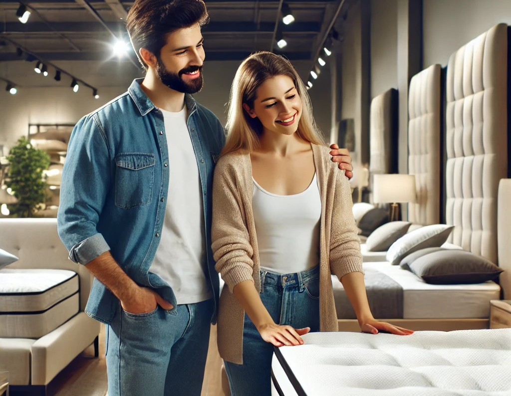 DALL·E 2025-04-22 09.31.01 - A modern, realistic scene inside a well-lit furniture store. A couple is browsing and selecting a bed. The husband and wife are standing near several .jpg