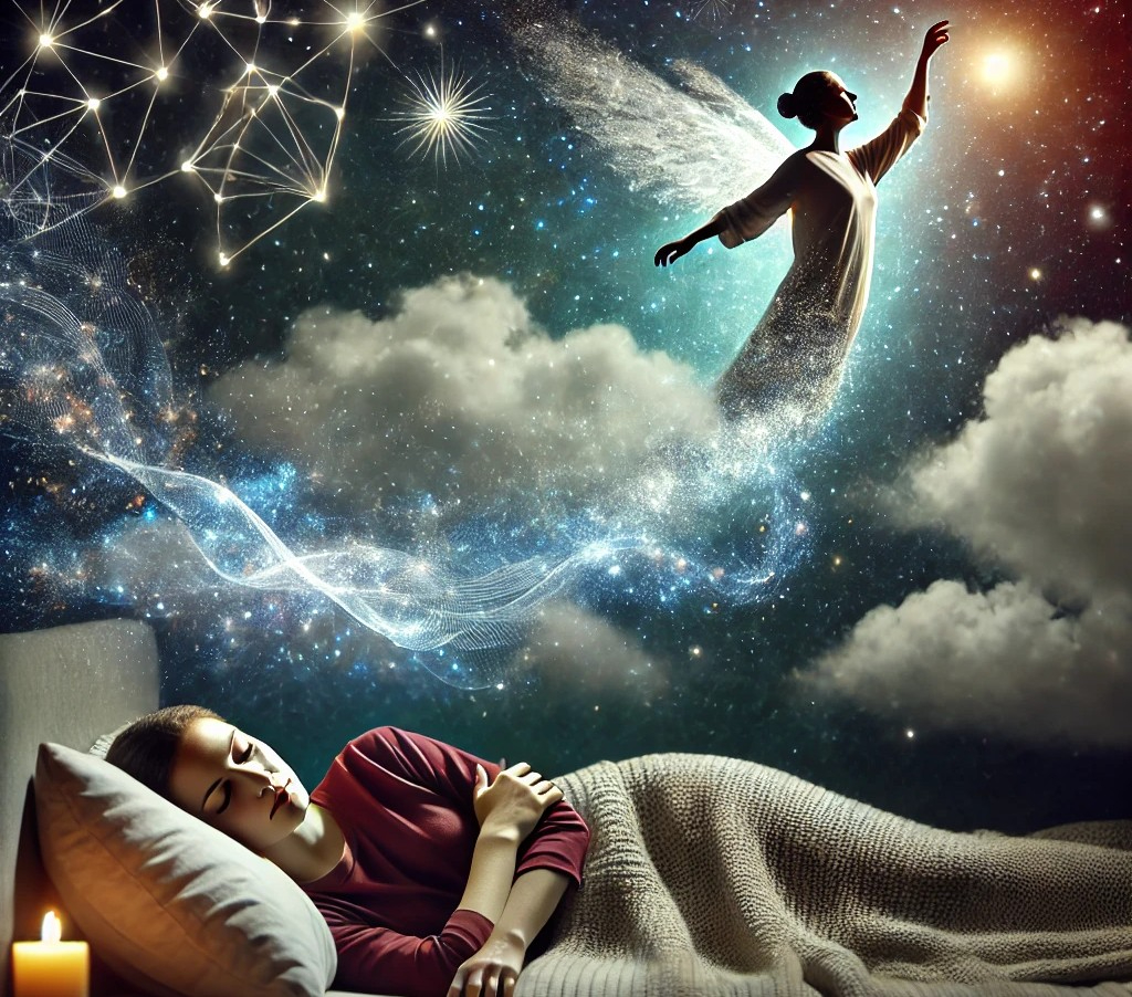 DALL·E 2025-07-30 17.25.47 - A surreal and peaceful scene of a woman dreaming. She is shown sleeping peacefully in a cozy bed, bathed in soft moonlight. Above her, the dream world.jpg