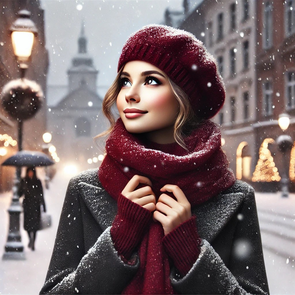 DALL·E 2025-12-24 13.57.19 - Refine the winter European city scene with gentle snowfall. The woman is looking up at the sky with a soft, fulfilled smile. She wears a deep crimson .jpg