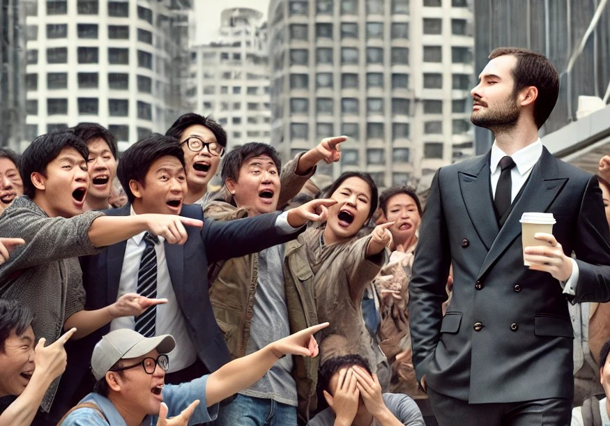 DALL·E 2025-05-17 22.32.06 - A humorous and symbolic scene showing a group of ordinary people (working-class or modestly dressed individuals) pointing, gesturing, and complaining .jpg