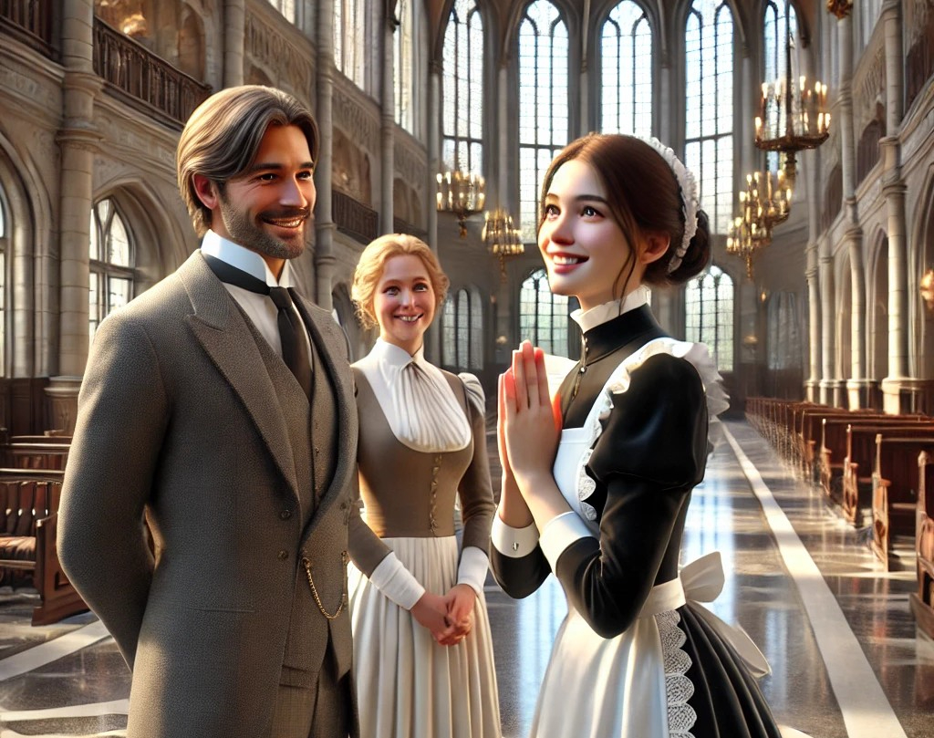 DALL·E 2025-04-27 06.14.32 - A realistic and heartwarming scene set in the grand entrance hall of a Dutch-style castle. A sophisticated and kind-looking noble couple in their 40s .jpg