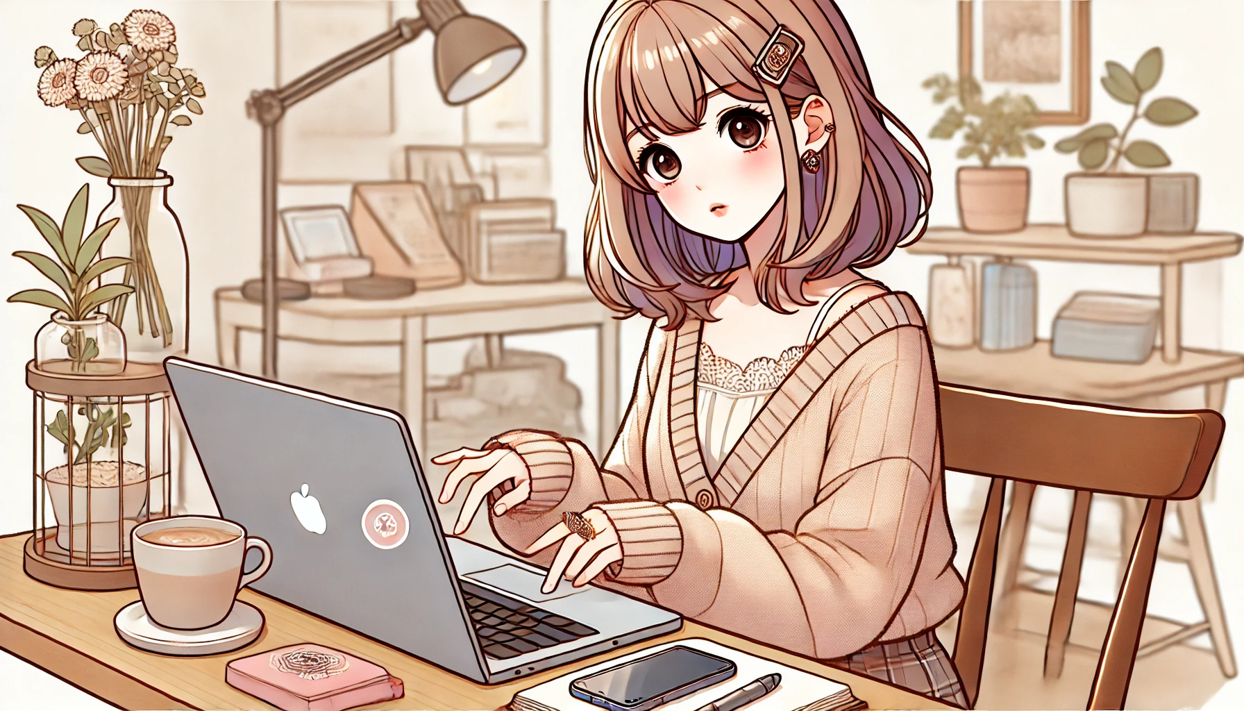 DALL·E 2024-08-29 20.42.31 - Create an illustration of a young woman in her 20s using her laptop for self-analysis, in a stylish Japanese anime style. She appears engaged and focu.png