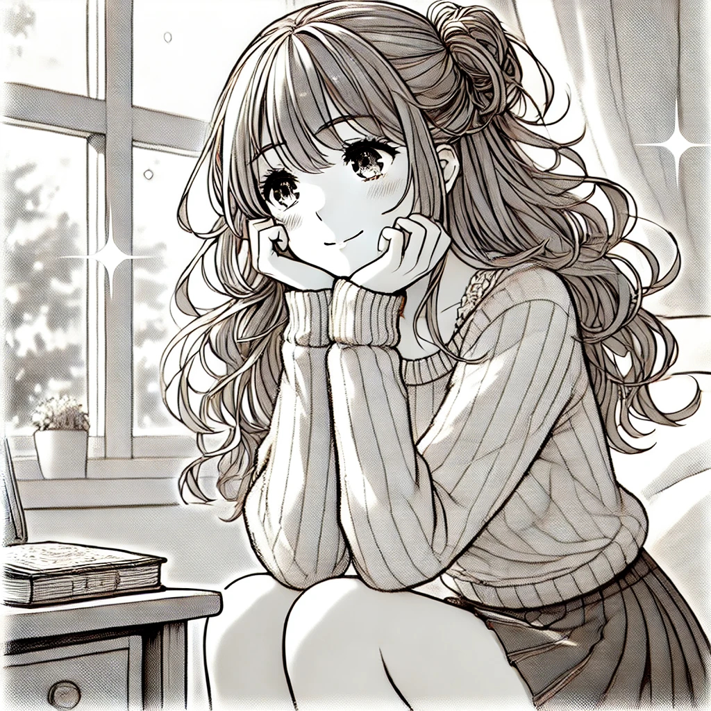 DALL·E 2024-12-26 14.28.57 - A manga-style single-scene illustration of a young girl sitting by her window, trying to stay positive as she thinks about her romantic interest. She .jpg
