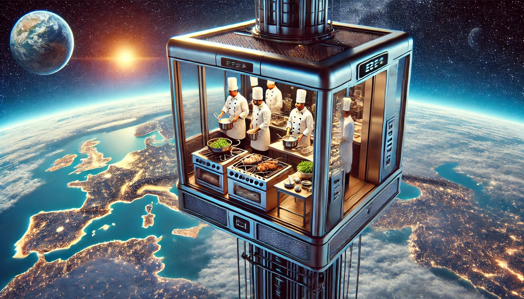 DALL·E 2024-07-02 23.09.02 - A high-quality image of a futuristic space elevator with chefs cooking inside it, with Earth visible through the windows, promoting a private chef ser.jpeg