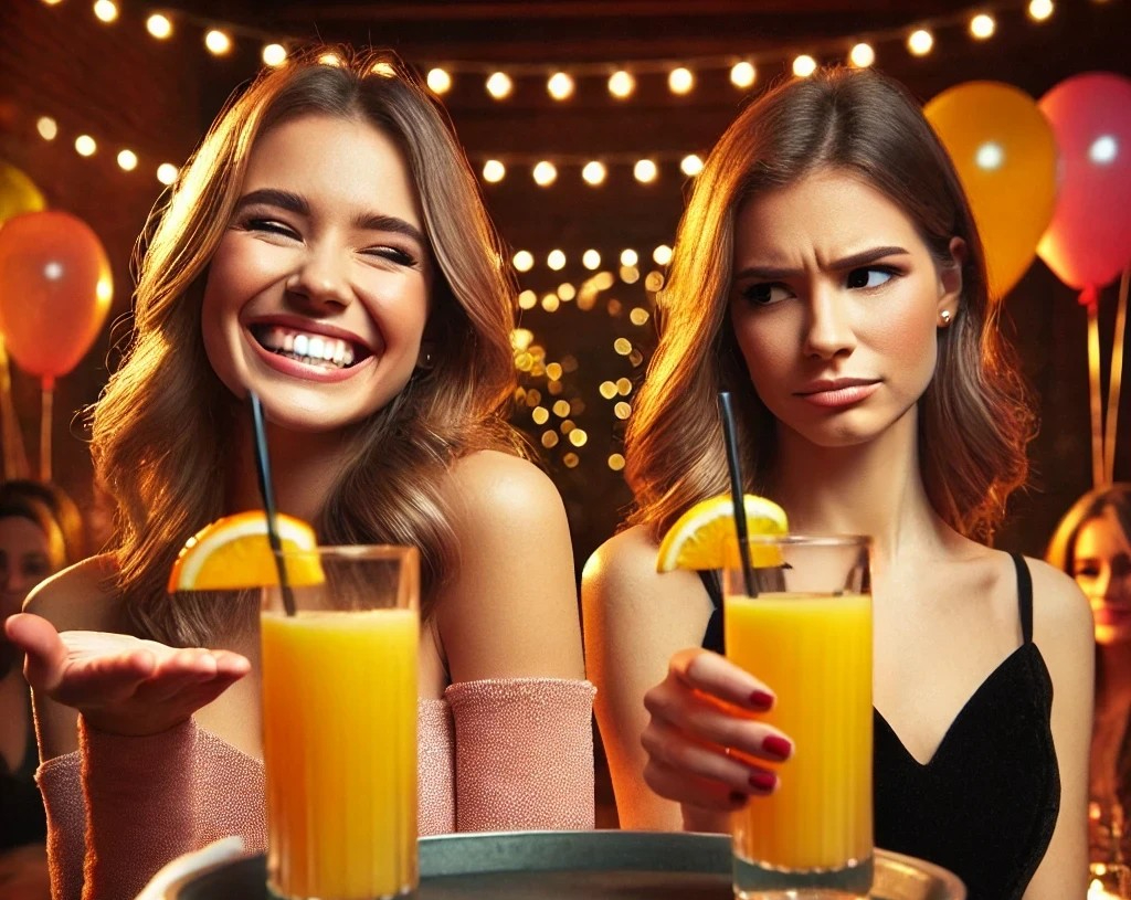 DALL·E 2025-08-02 12.47.02 - A lively party scene featuring two women reacting differently to receiving drinks. A waiter is offering them a tray with glasses of orange juice, each.jpg