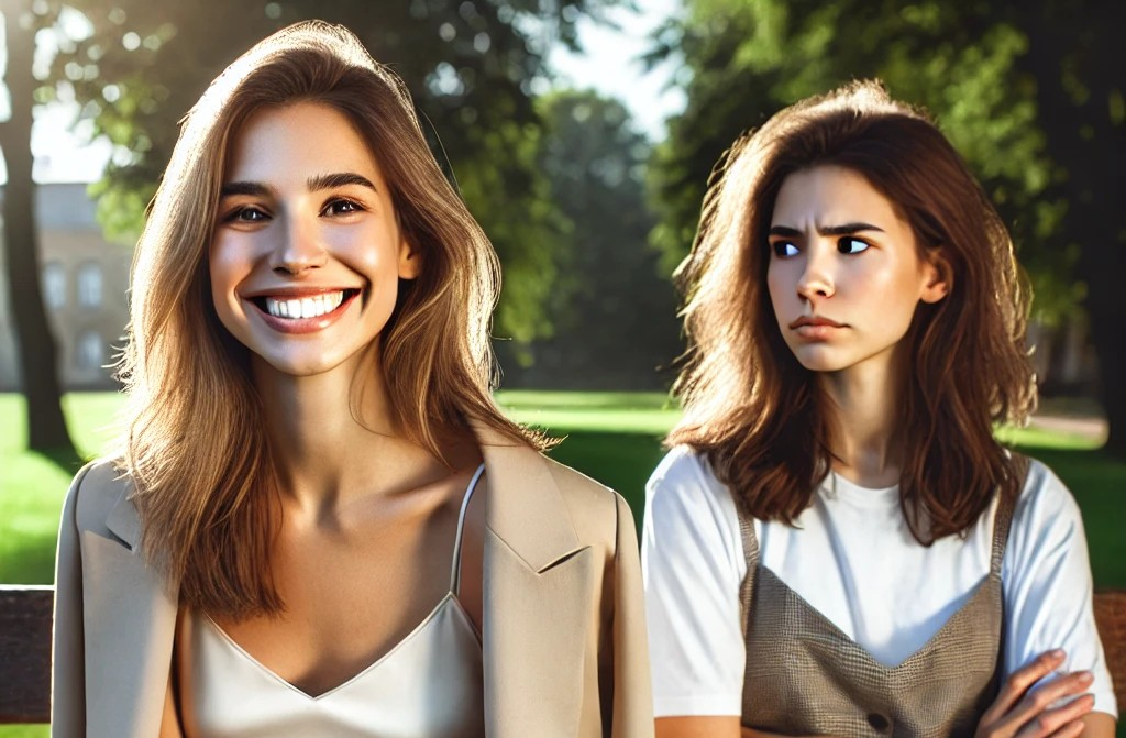 DALL·E 2025-05-12 15.07.56 - Two sisters in their 30s are sitting on a park bench together. One of them is cheerful and relaxed, smiling warmly as she holds a cup of coffee, dress.jpg
