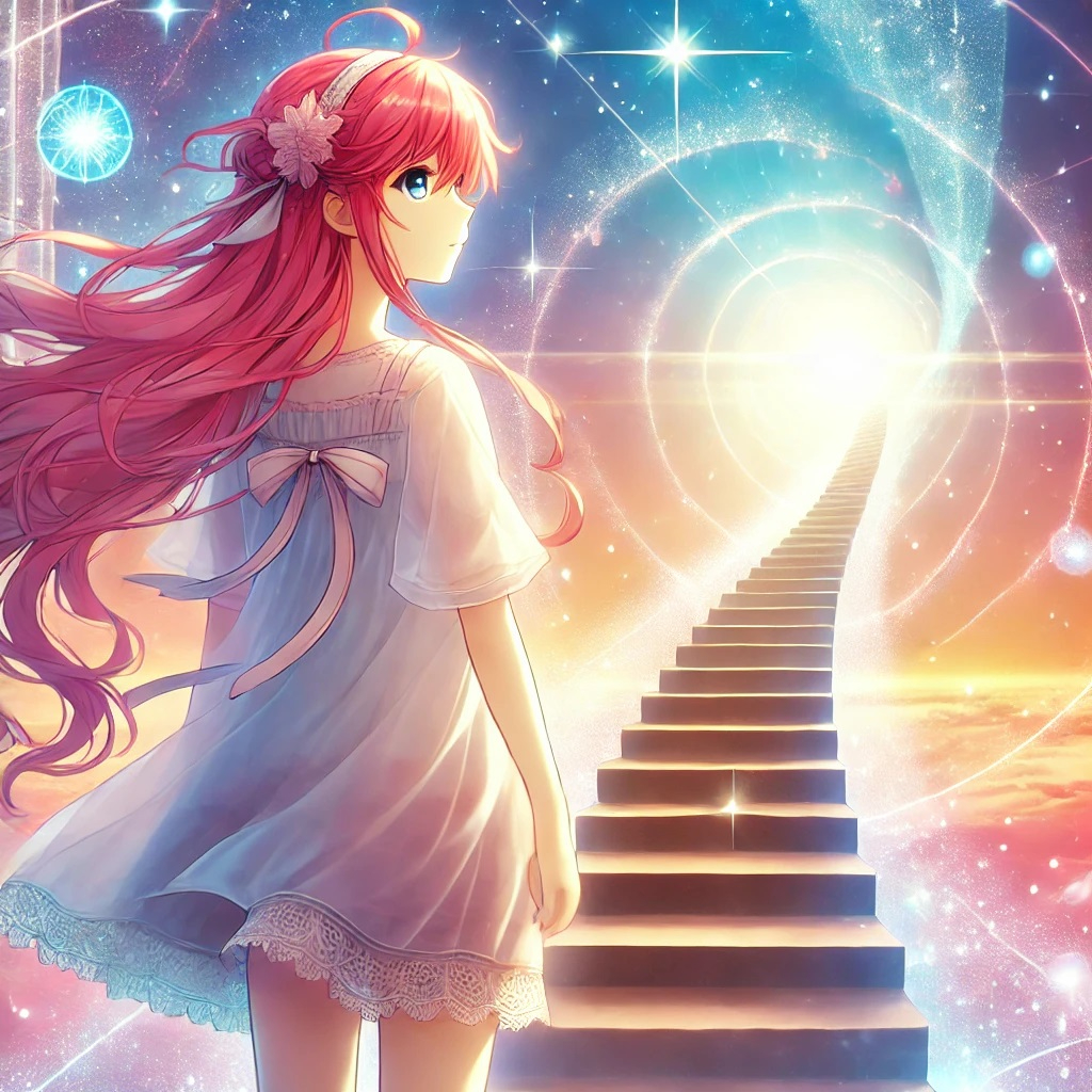 DALL·E 2025-02-20 12.30.26 - An anime-style illustration of a young woman with flowing pink hair standing on the edge of a glowing, ethereal bridge that leads into a radiant, unkn.jpg