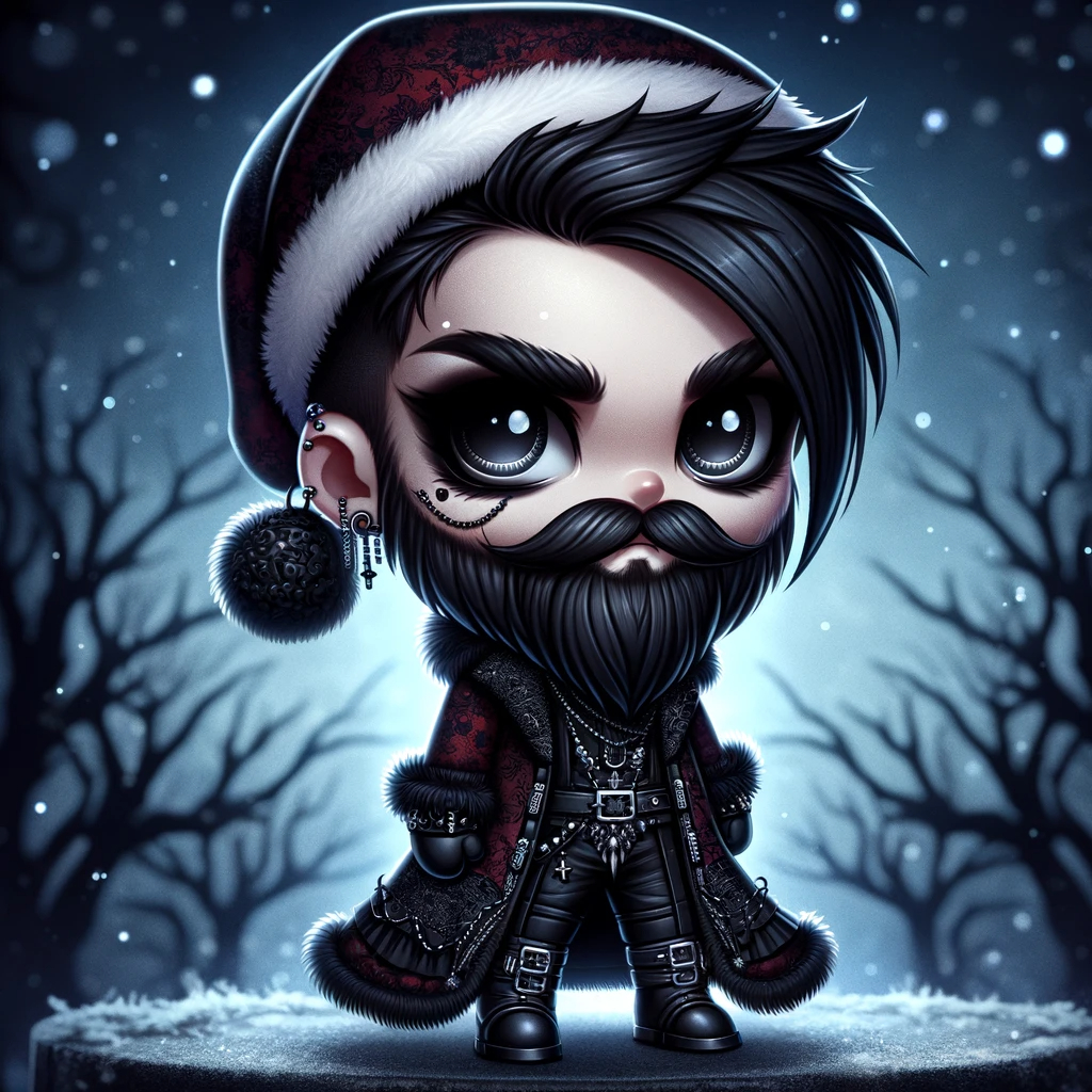 DALL·E 2023-11-16 11.33.15 - A dark and mysterious chibi (two-head-tall) version of Santa Claus, with a gothic twist. This Santa has an exaggerated, cartoonish appearance with a l.png