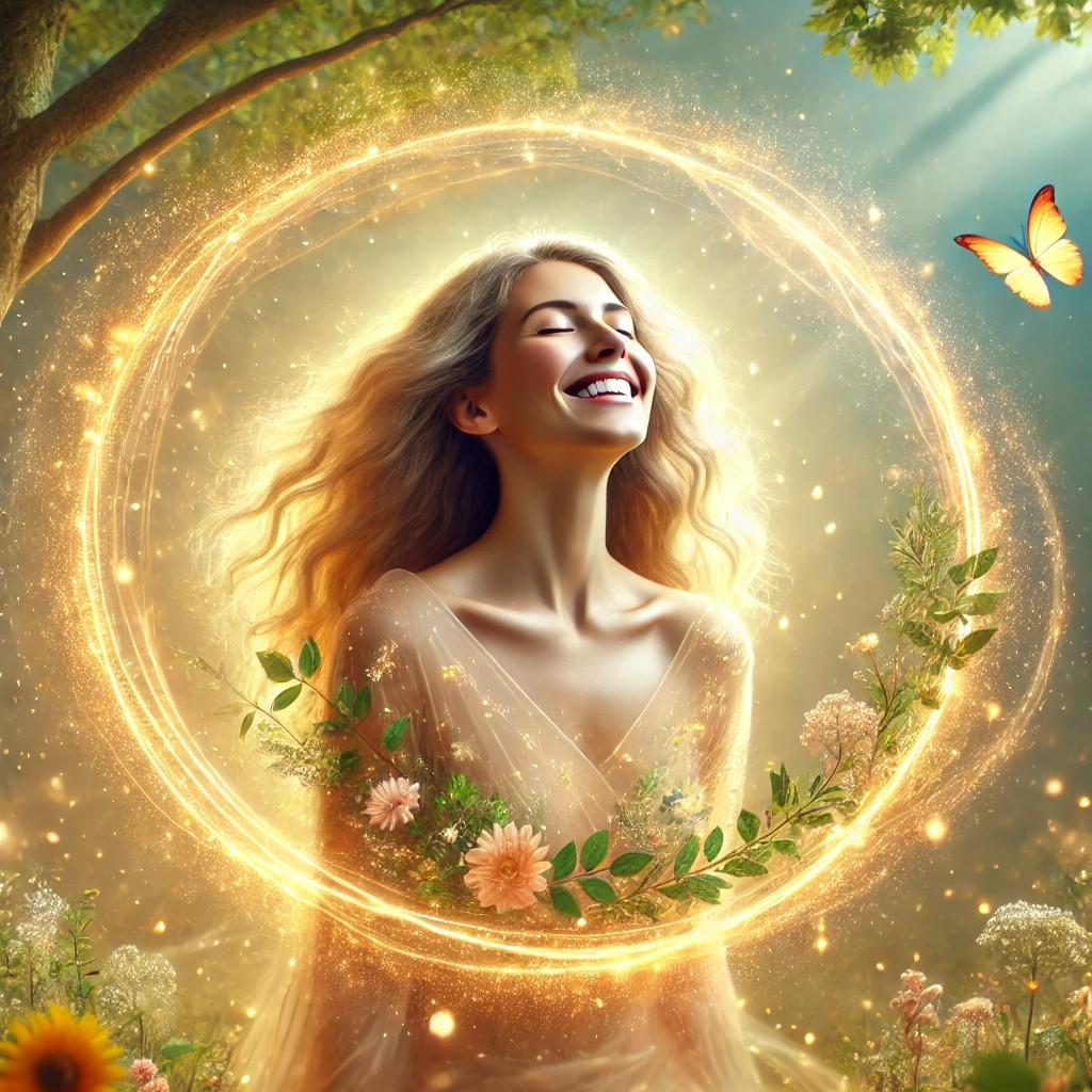 DALL·E 2025-08-07 22.48.57 - A radiant and uplifting image of a joyful woman surrounded by a positive energy cycle. She stands or sits in a peaceful natural setting—perhaps a sunn.jpg