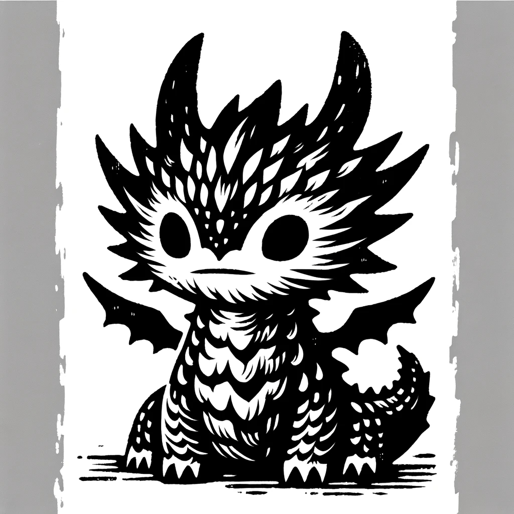 DALL·E 2023-11-18 20.32.41 - Transform the cute black and white dragon into a printmaking style, resembling traditional woodblock or linocut prints. Use bold lines and high contra.png