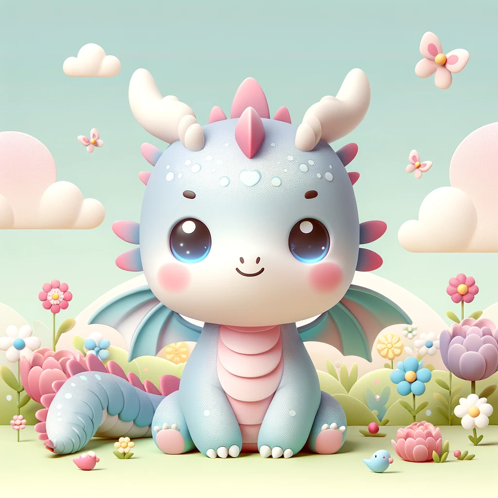 DALL·E 2023-11-18 20.34.12 - A cute, flat-style dragon with minimal 3D effect, featuring large expressive eyes and a small, friendly smile. Its scales are designed in soft pastel .png