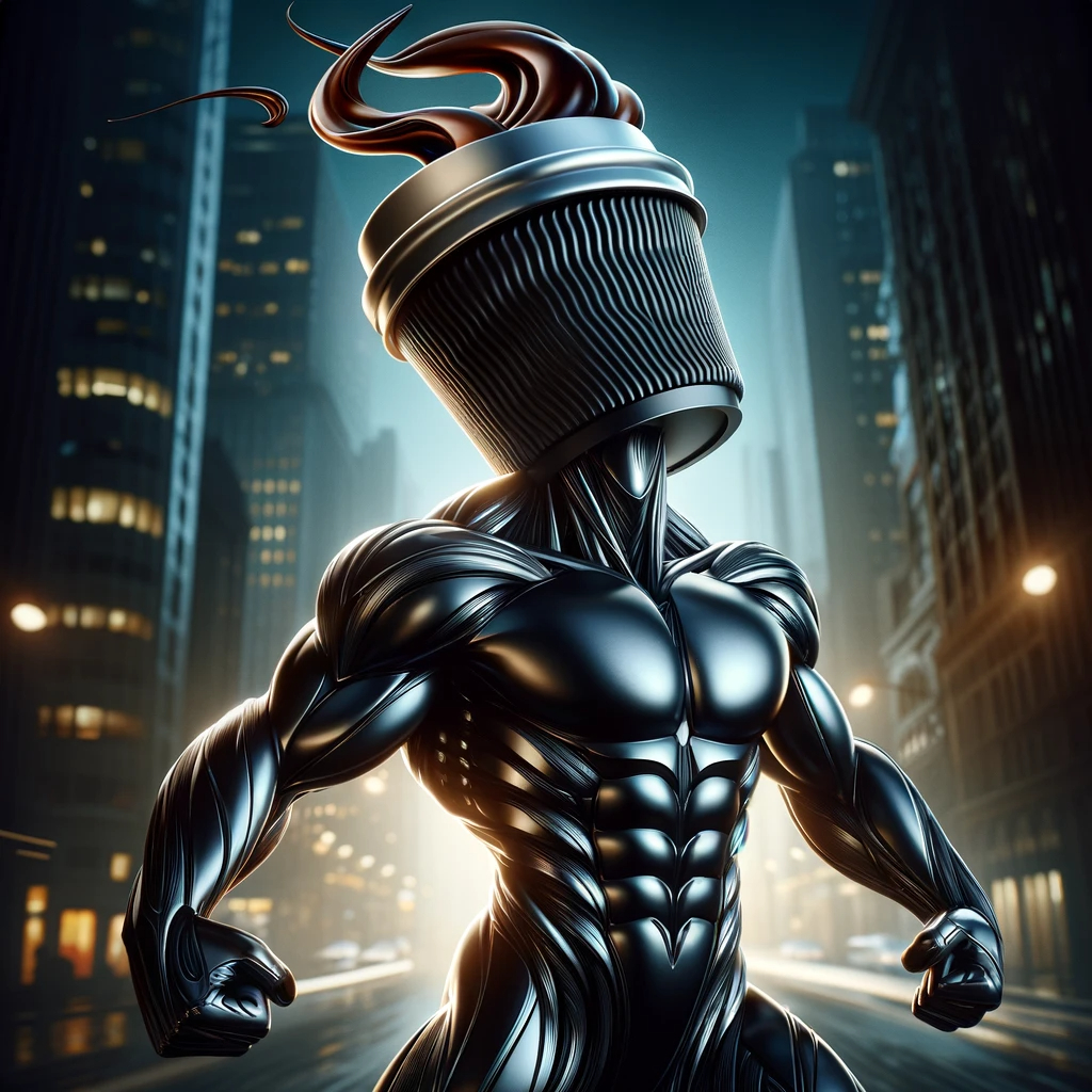 DALL·E 2023-11-13 20.10.36 - A sleek, cool coffee-themed character with a dynamic, superhero-like design. The character's head is a stylish, metallic coffee cup, with steam rising.png