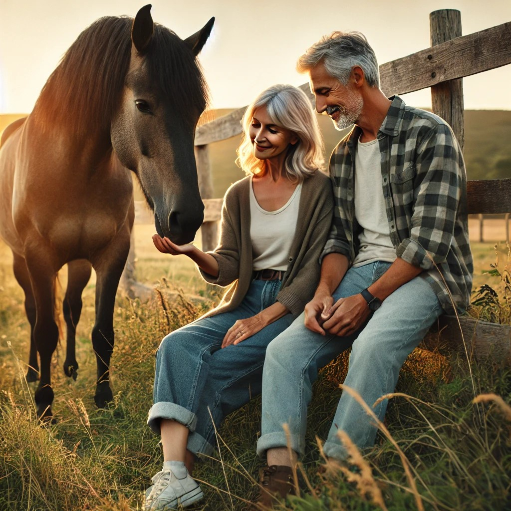 DALL·E 2025-07-22 18.16.48 - A peaceful and heartwarming scene of a mature couple spending quiet, relaxing time with a horse. The couple stands or sits together in a grassy field .jpg