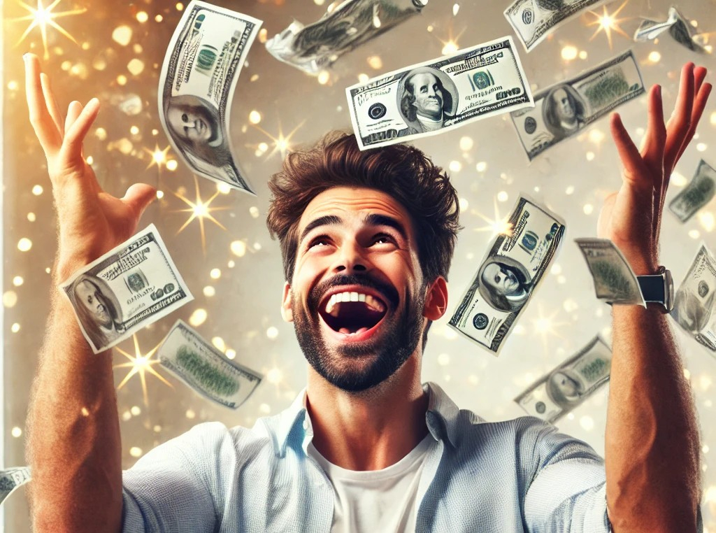 DALL·E 2025-05-11 07.18.37 - A joyful man in his 30s standing with arms raised, smiling excitedly as money rains down around him. He looks thrilled and overwhelmed with happiness.jpg