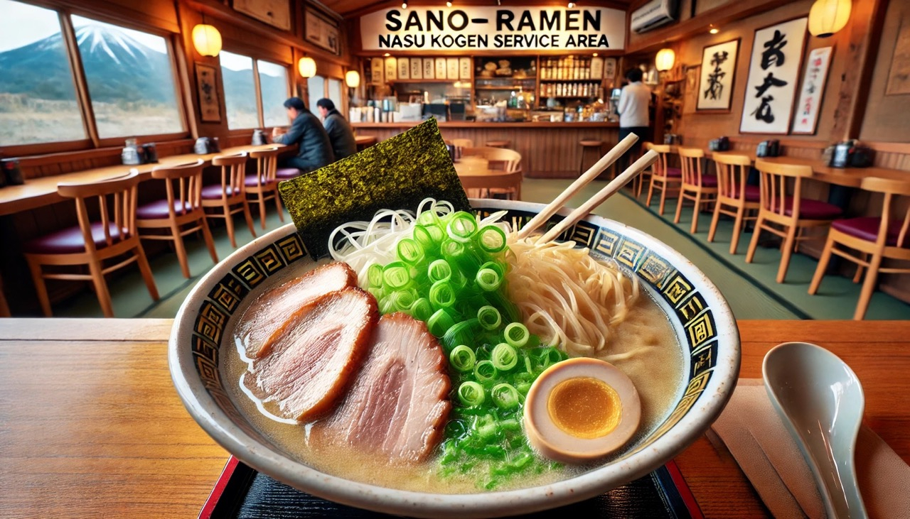 DALL·E 2024-07-04 19.07.32 - A high-quality image of a bowl of Sano ramen served at Sano-ya in Nasu Kogen Service Area, featuring clear soy-based broth, hand-pulled flat noodles,  大.jpeg