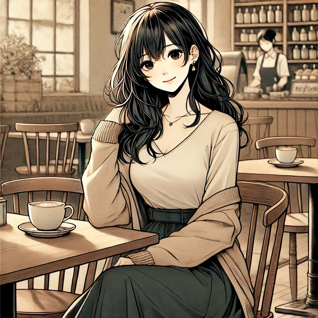 DALL·E 2024-12-23 14.55.02 - A manga-style illustration of a young woman with long, slightly wavy black hair, sitting in a cozy café, enjoying her alone time. She is dressed in a .jpg