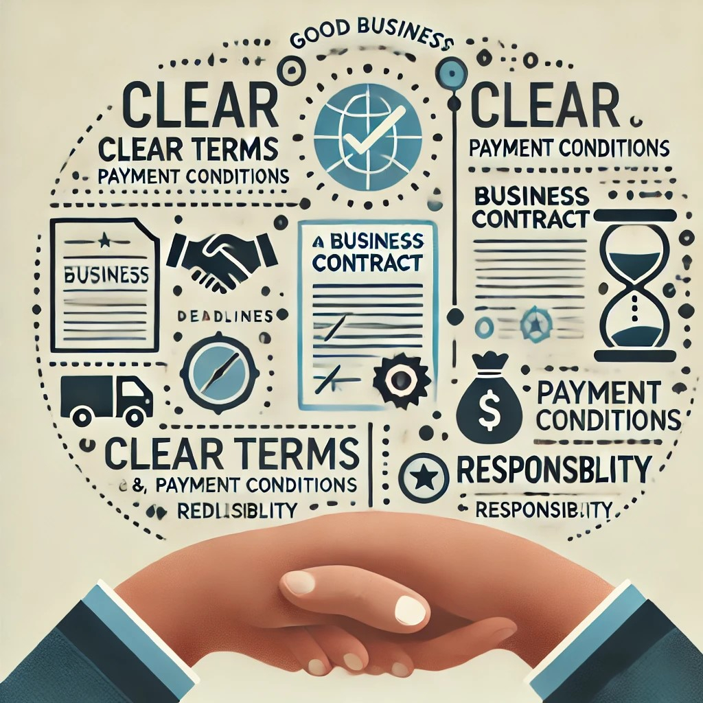 DALL·E 2024-10-24 22.59.57 - A graphic showing the key points of a good business contract, with elements like clear terms, payment conditions, deadlines, and responsibility. The d.jpeg