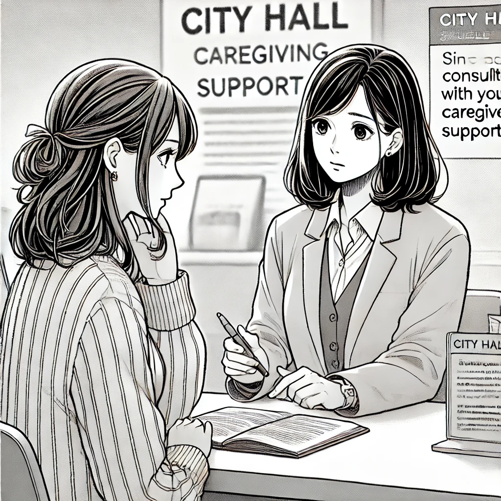 DALL·E 2024-12-25 13.51.24 - A manga-style single-scene illustration of a young woman consulting with a city hall staff member about caregiving support. The woman has shoulder-len.jpg