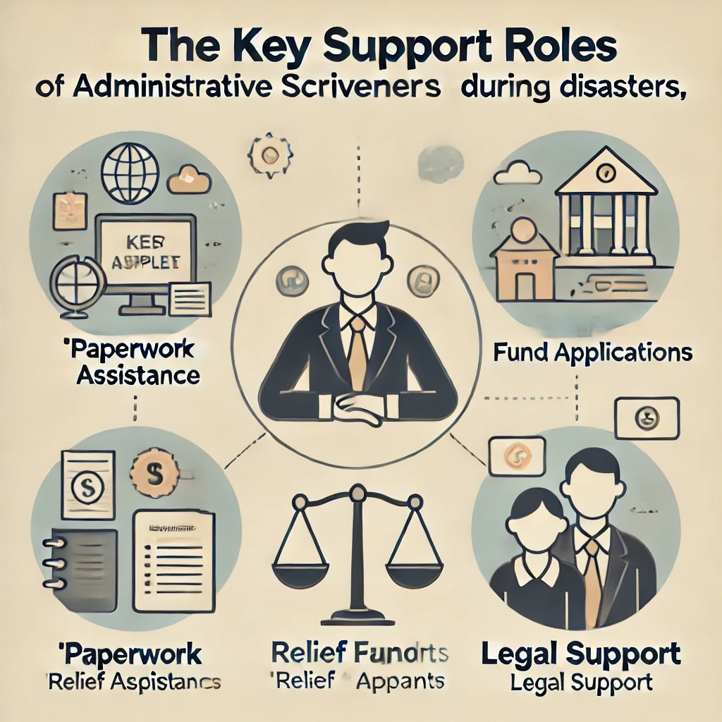 DALL·E 2024-10-23 18.28.17 - A graphic showing the key support roles of administrative scriveners during disasters, such as 'Paperwork Assistance', 'Relief Fund Applications', and.jpeg