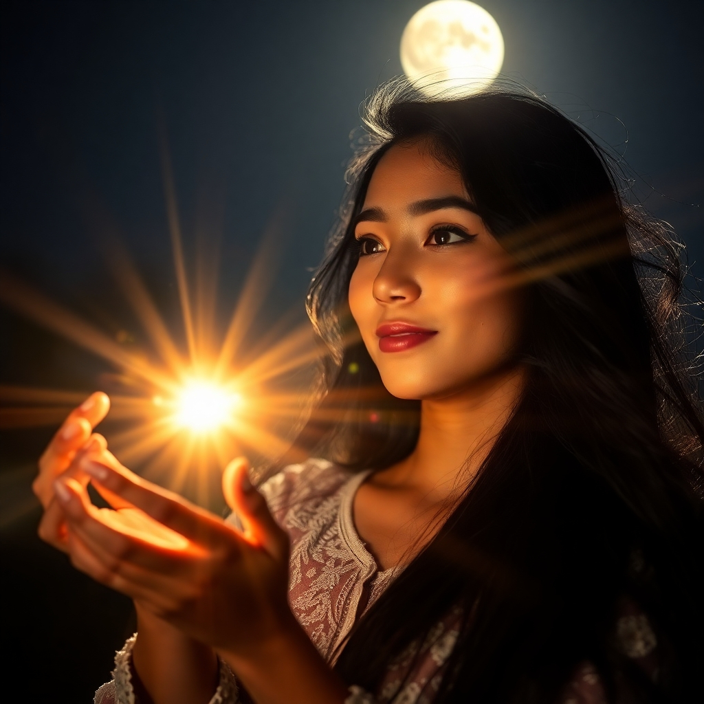 A long-exposure photograph of a beautiful young woman with sun-kissed skin and flowing black hair telling fortunes under the moon; bright lens flare creates vibrant light streaks and motion trails, capturing the dynamic energy of the scene.jpg