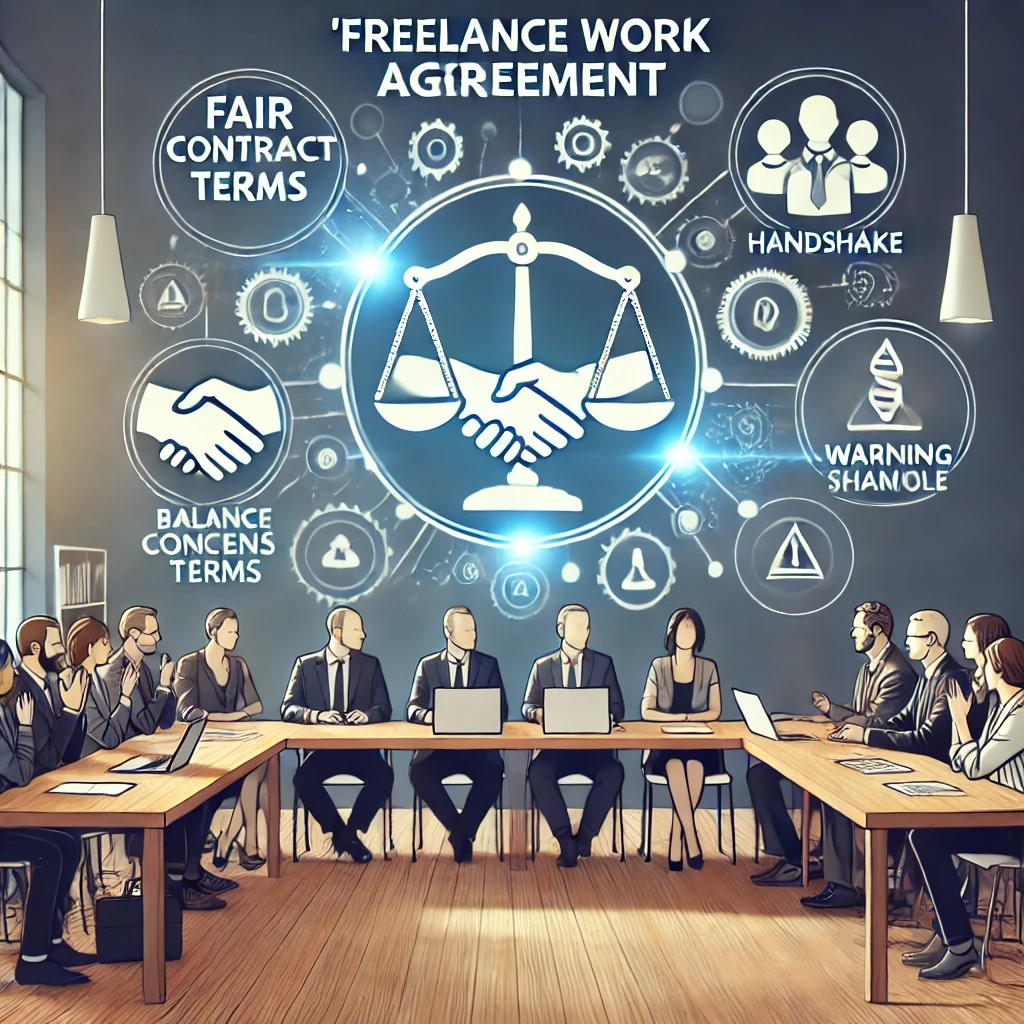 DALL·E 2024-10-21 20.14.04 - An illustration of a business meeting where key concerns about 'Freelance Work Agreement' terms are discussed, with icons showing balance scales, hand.jpeg