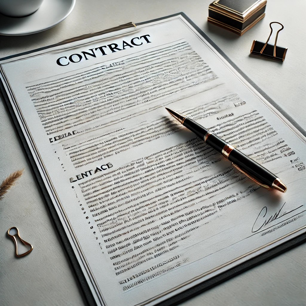 DALL·E 2024-11-10 00.52.38 - A professional-looking contract document with detailed legal clauses on a clean office desk with a high-quality pen beside it, conveying a sense of pr.jpeg