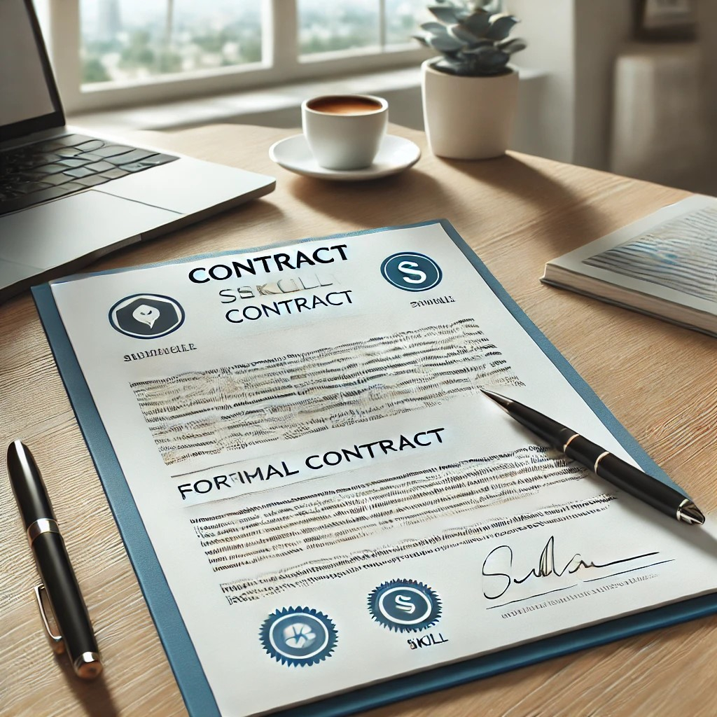 DALL·E 2024-10-28 22.32.14 - A professional looking contract document on a desk, with a pen and a laptop beside it, representing the importance of formal contracts in skill-sellin.jpeg