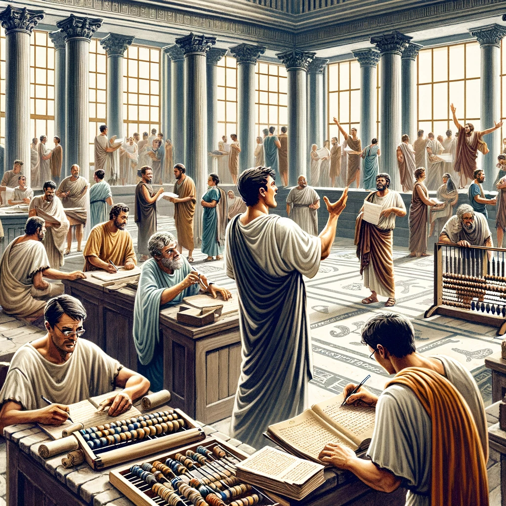 DALL·E 2024-01-23 18.54.58 - In an ancient Roman setting, illustrate a man inside a building calling out to someone amidst a crowd. The man is prominently featured, perhaps gestur.png