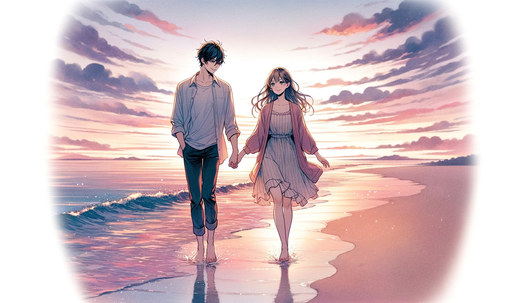 DALL·E 2023-11-06 14.16.08 - An enchanting, wide illustration suitable for a romantic manga, depicting a male and female couple walking together along a beach at dusk. The atmosph.png