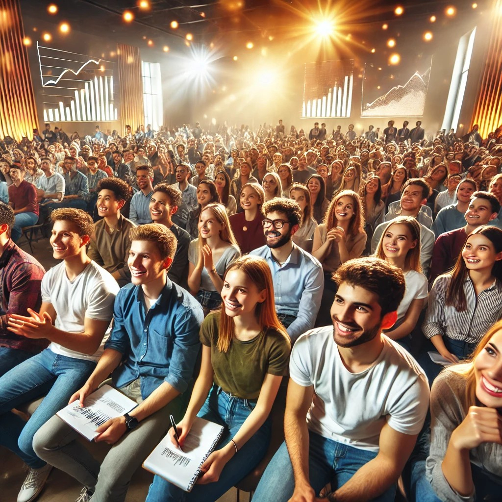 DALL·E 2025-07-19 23.01.32 - A lively and inspiring scene of a large group of young adults attending a business seminar or startup presentation. The audience is filled with enthus.jpg