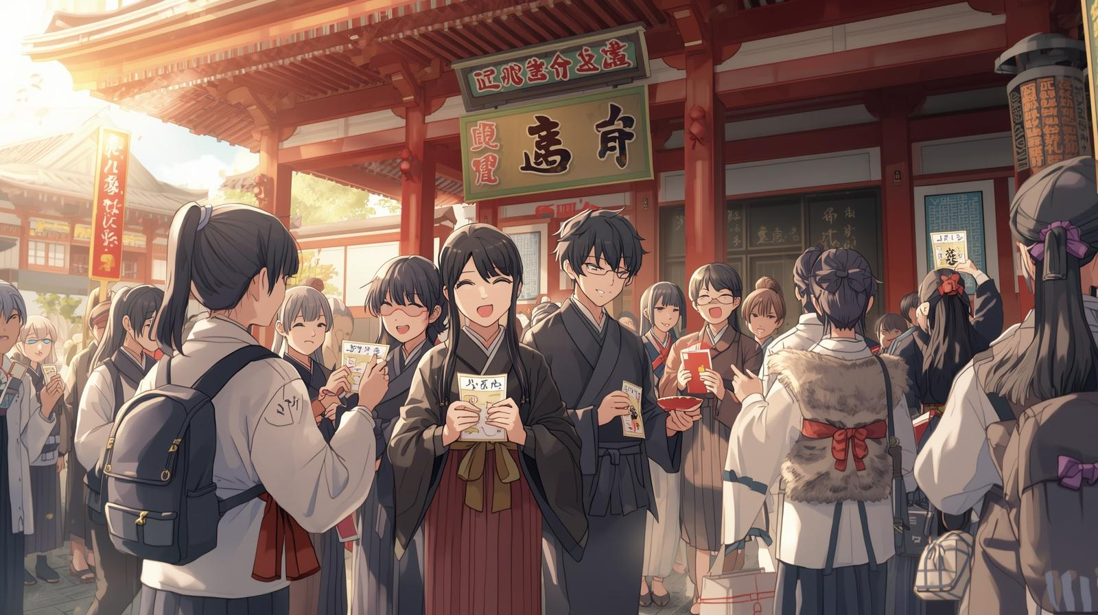 日本のお正月、日本人がおみくじを引いているところ.jpg