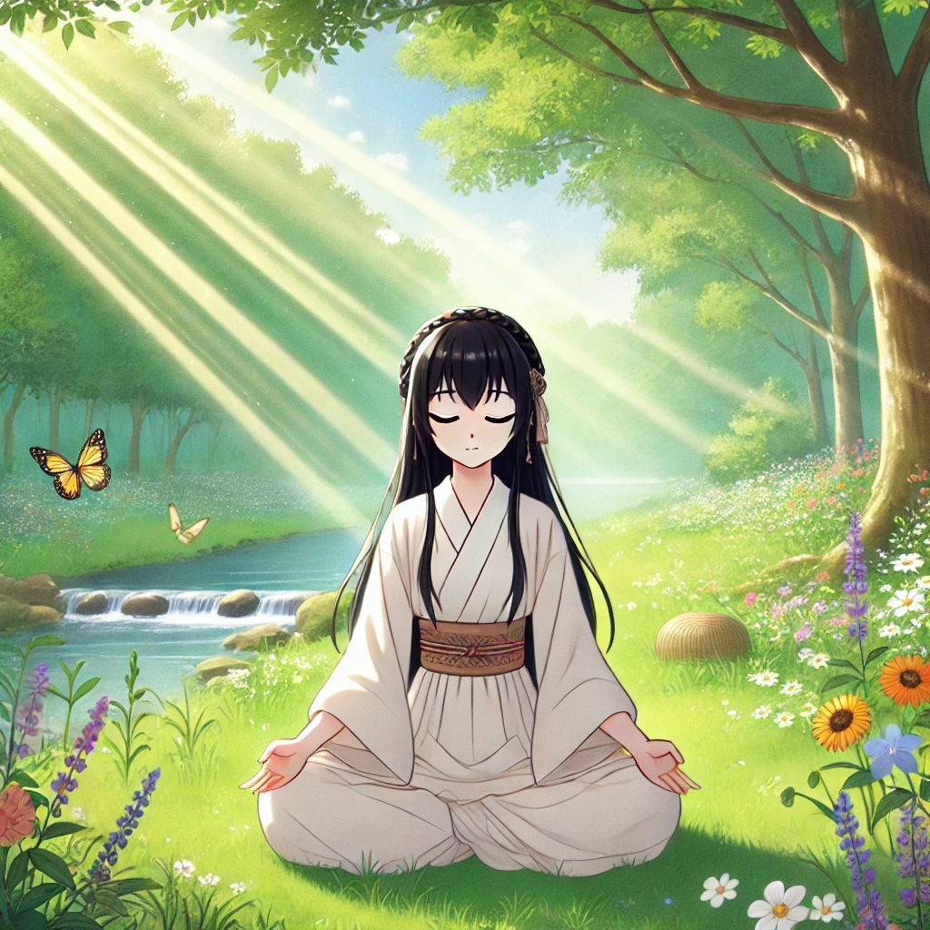 DALL·E 2025-01-20 02.02.25 - An anime-style illustration of a serene young woman with black hair sitting cross-legged in a tranquil natural setting, meditating peacefully. She is .jpg