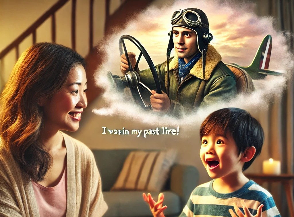 DALL·E 2025-06-04 19.25.01 - A warm and magical scene featuring a 5-year-old Japanese boy talking excitedly to his mother, saying, 'I was a pilot in my past life!' The boy is anim.jpg