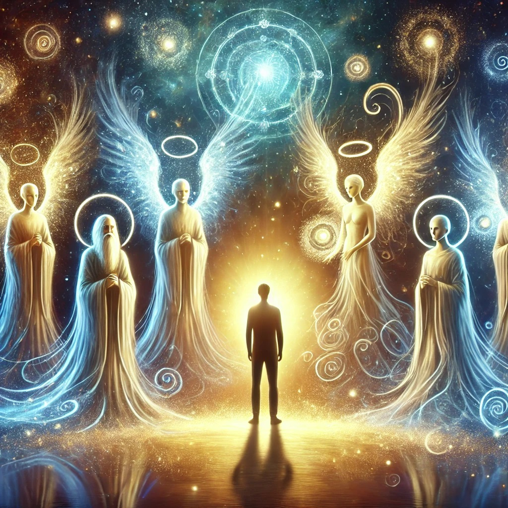 DALL·E 2025-03-10 00.22.54 - A mystical illustration of a group of guardian spirits watching over a person. The spirits are luminous, ethereal figures radiating soft golden and bl.jpg