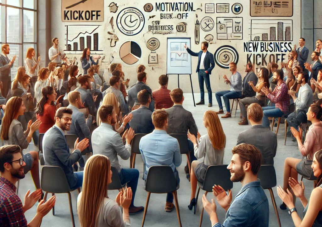 DALL·E 2025-05-13 01.13.03 - A lively and inspiring scene showing a diverse group of people—young and old, men and women—gathered for a motivational kickoff meeting about launchin.jpg