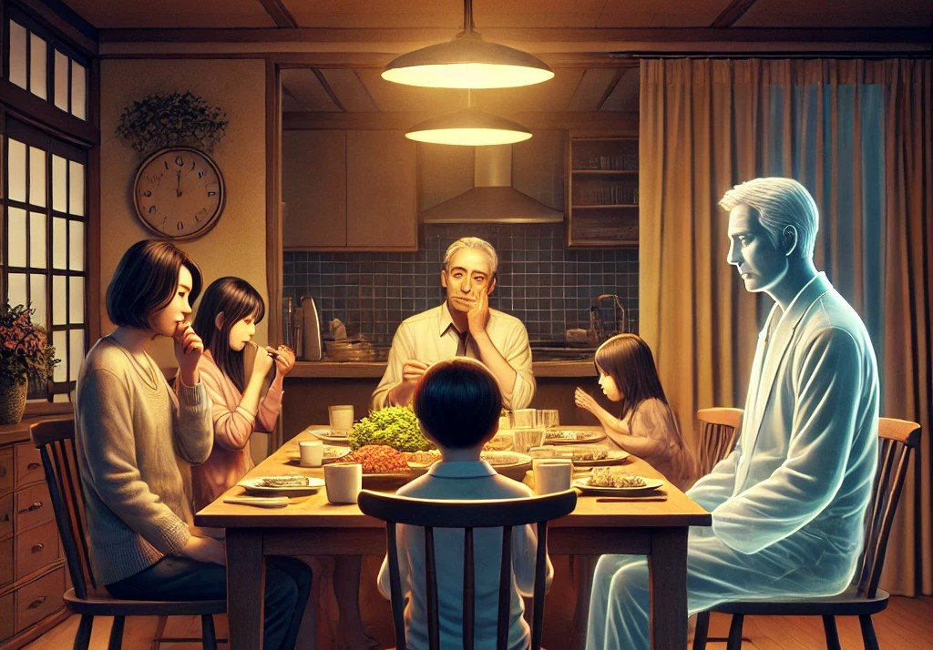 DALL·E 2025-05-09 22.19.11 - A somber scene at a family dining table. A 40-something man, depicted as a semi-transparent ghost, sits in his old seat at the table where he used to .jpg