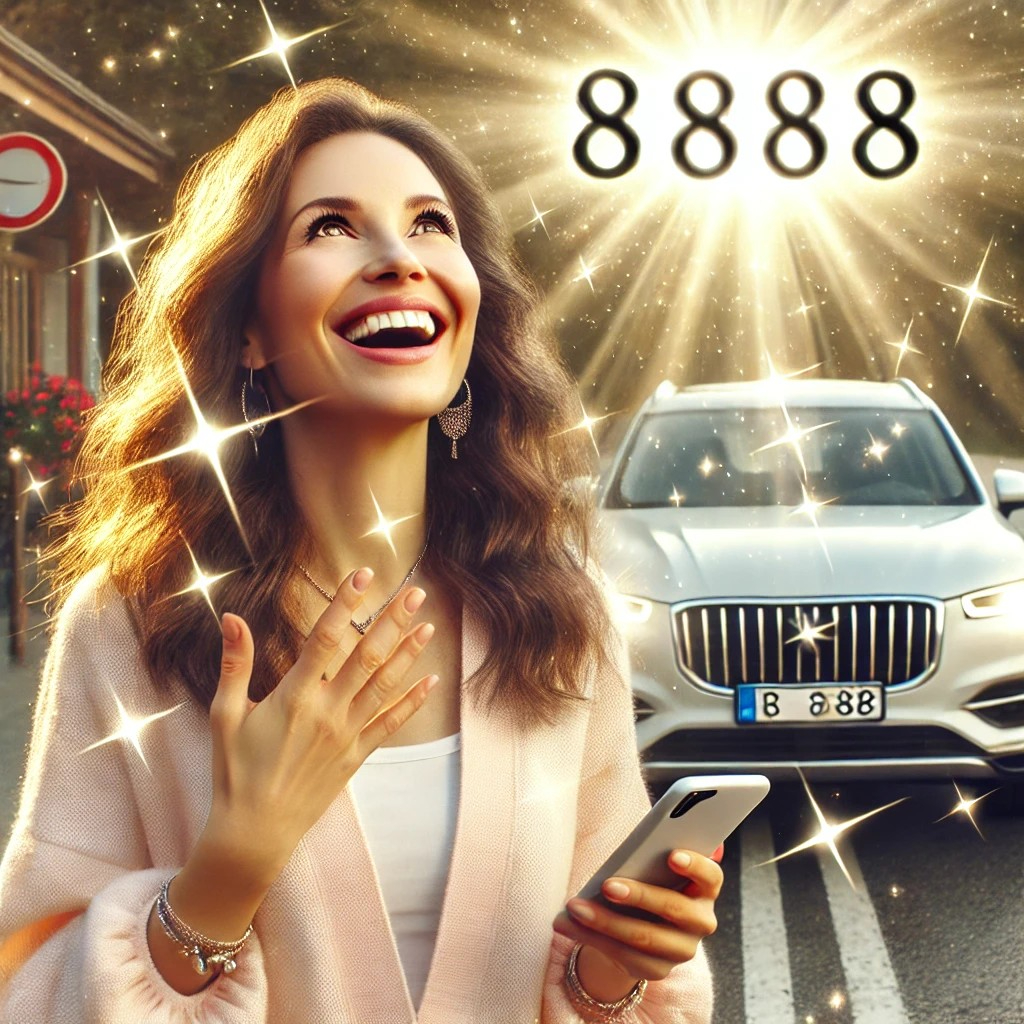 DALL·E 2025-08-04 15.46.37 - A joyful and spiritual image of a woman who feels delighted after noticing lucky signs such as 11_11 on a clock and 8888 on a passing car's license pl.jpg