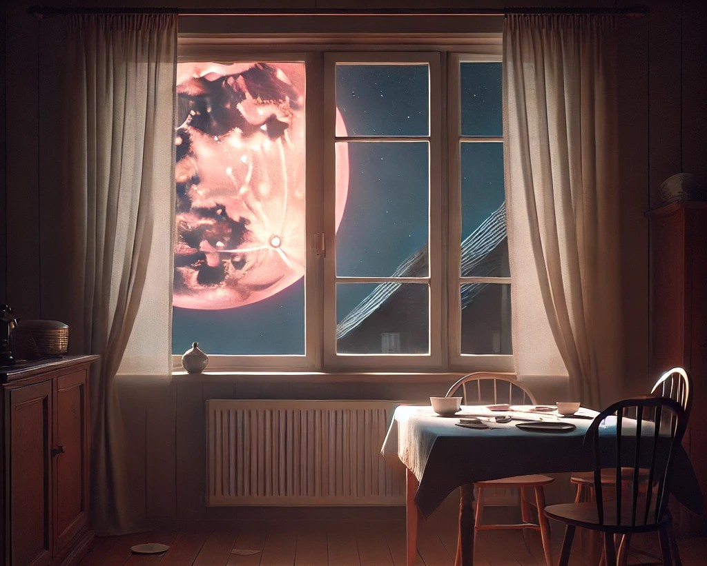 DALL·E 2025-06-10 20.04.00 - A quiet nighttime scene showing a room interior with a broken plate scattered on the wooden floor. Outside the window, a low-hanging Strawberry Moon w.jpg