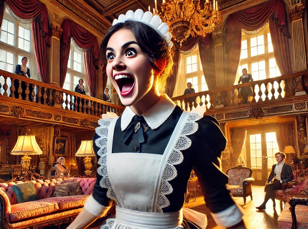 DALL·E 2025-05-06 20.45.37 - A vivid and dynamic scene inside a luxurious castle living room, showing a 20-something maid in a classic black-and-white uniform. Her facial expressi.jpg