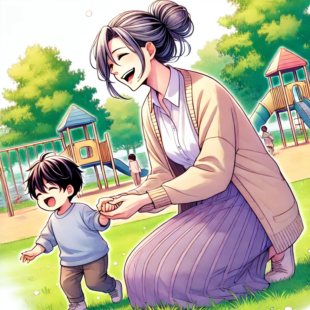 DALL·E 2024-12-24 17.34.24 - A manga-style single-scene illustration of a joyful 60-year-old woman with graying black hair styled in a tidy bun, happily playing with her grandchil.jpg
