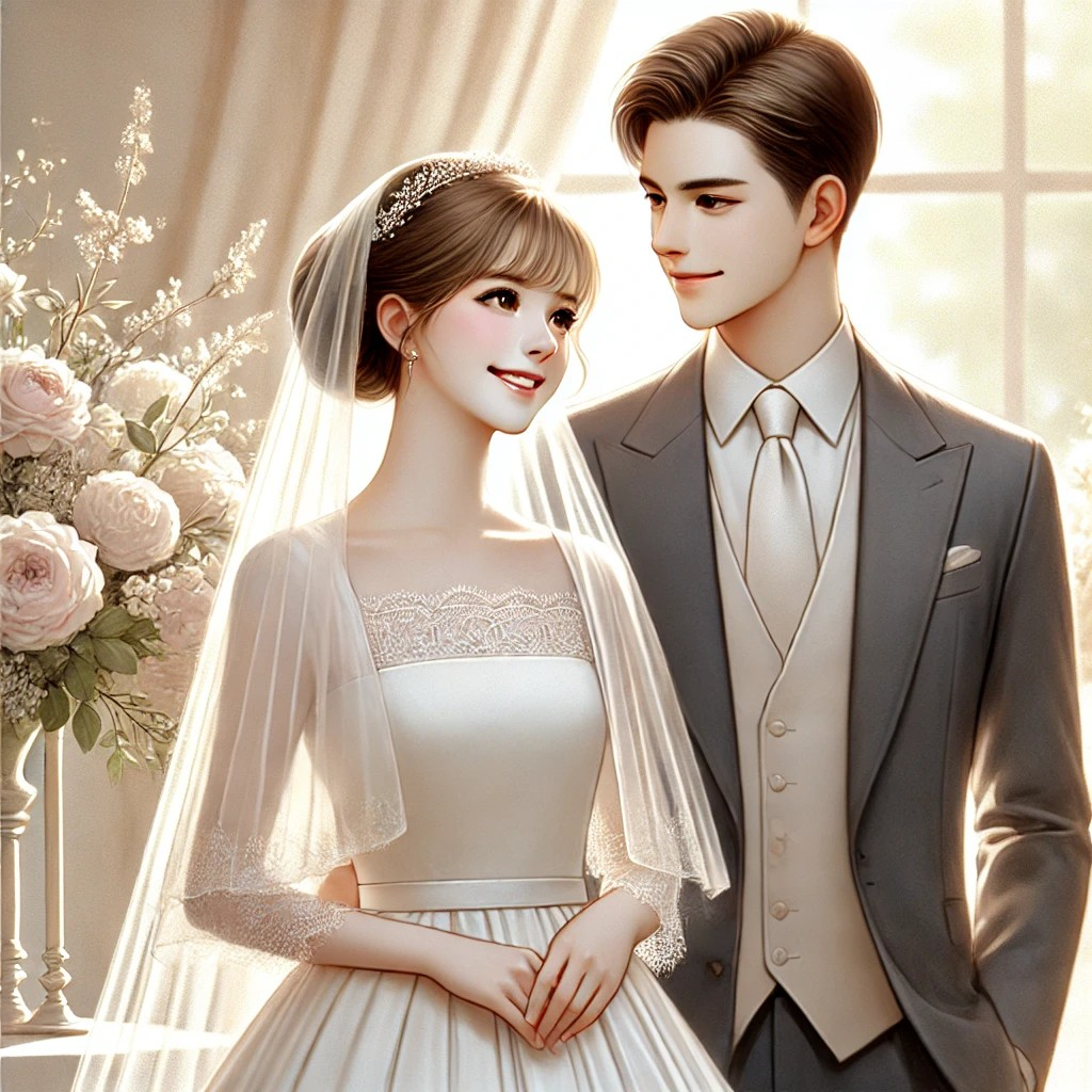 DALL·E 2025-12-08 13.46.46 - A beautiful and elegant wedding scene featuring a bride and groom on their wedding day. The couple stands close together, smiling happily and looking .jpg