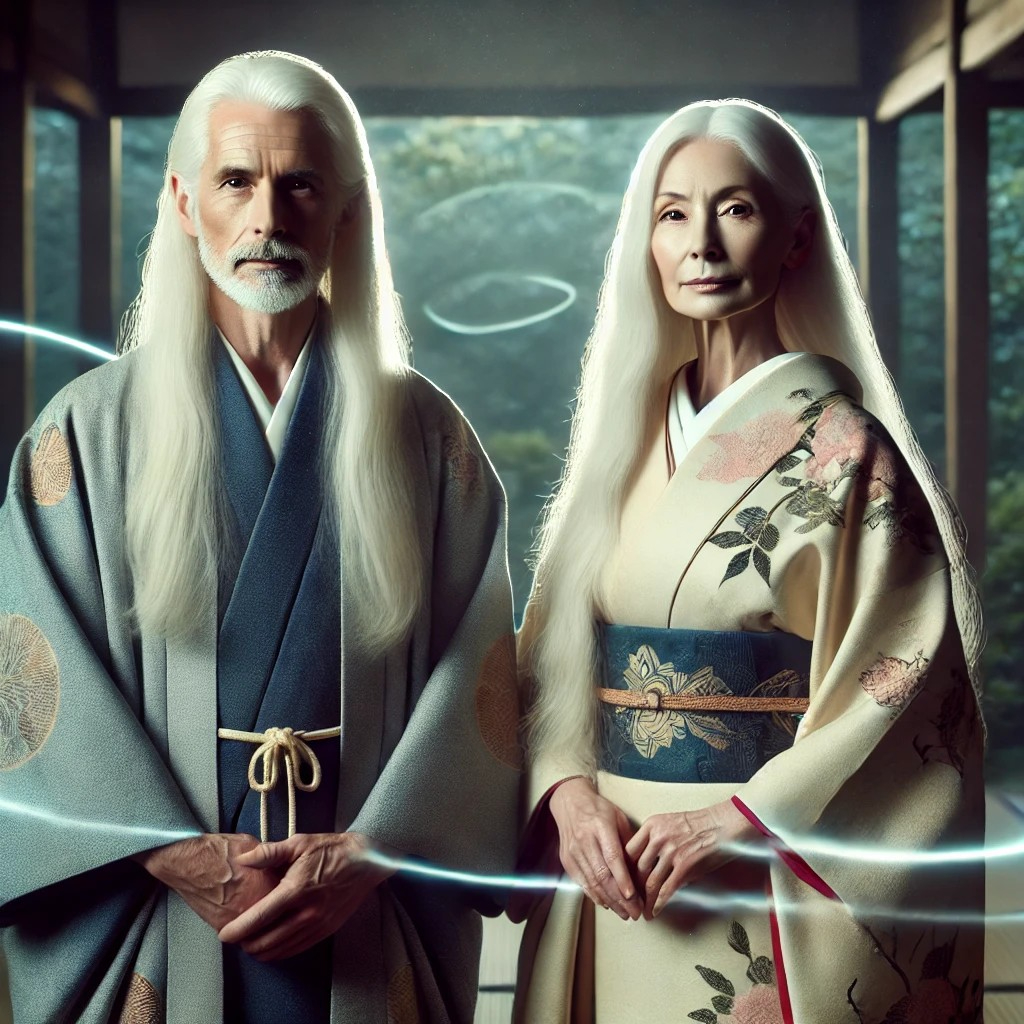 DALL·E 2025-07-17 20.22.15 - A mystical and elegant portrait of a Japanese couple in their 60s with supernatural abilities. Both have long white hair and wear traditional, refined.jpg