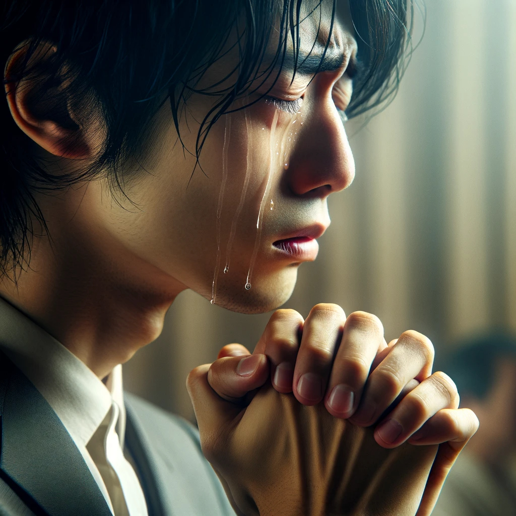 DALL·E 2024-02-02 13.15.22 - An image of a Japanese person, tears streaming down their face as they pray with deep emotion. Their hands are clasped together in front of them, eyes.png