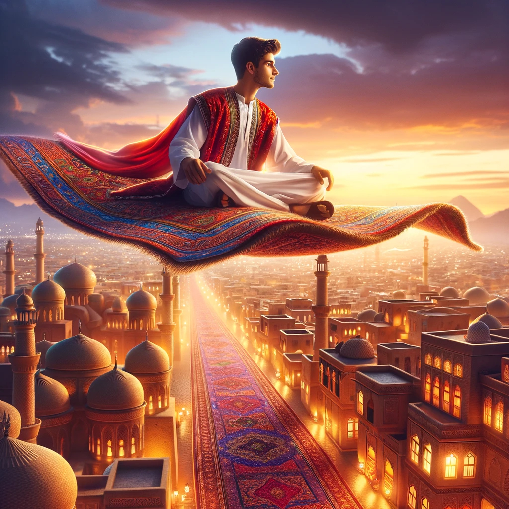 DALL·E 2023-11-22 18.12.02 - A young Middle-Eastern man, identical to the one in image pxTZiKxVWD4WQ38c, flying on a magical carpet above an ancient Arabian cityscape. He is weari.png